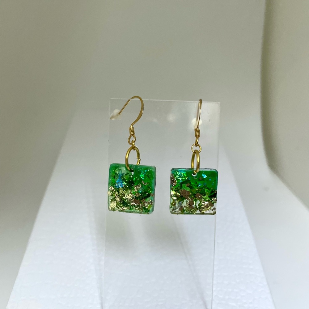 Green & Gold Square Resin Earrings